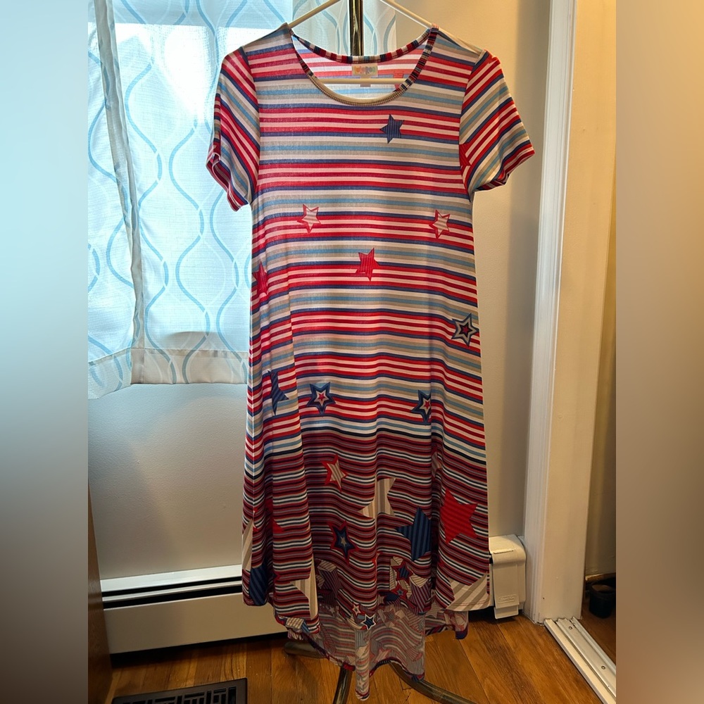 LuLaRoe Carly Dress - size XXS - Red, White, Blue, Tan - Stars and Stripes